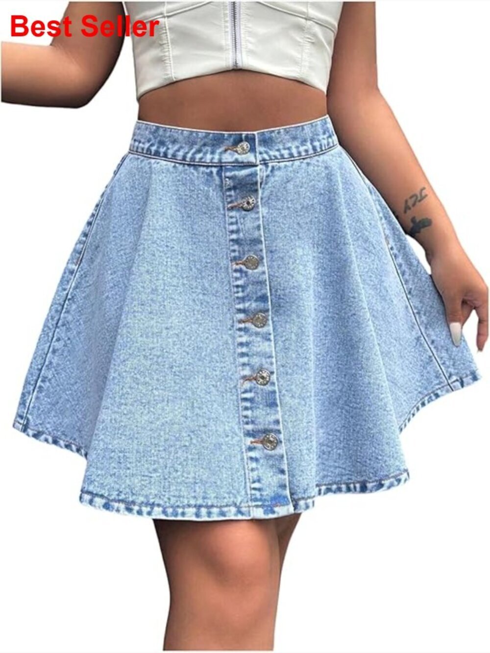 Button Down Mini Jean Skirt High Waisted Ruffle A Line Denim